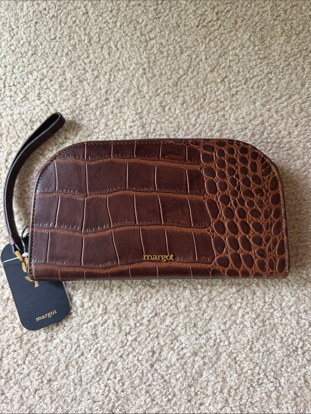 NWT, Unisex Margot Brown Croc-Embossed Leather Wristlet Lg Wallet
